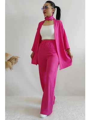 Yakamel Kadın Dökümlü Bürümcük Yazlık Uzun Kol Palazzo Trend Kimono Alt Üst  Takım