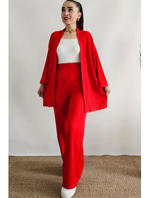 Yakamel Kadın Dökümlü Bürümcük Yazlık Uzun Kol Palazzo Trend Kimono Alt Üst  Takım