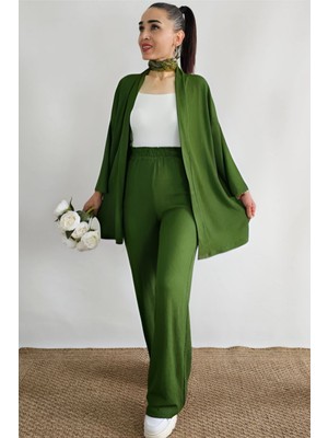 Yakamel Kadın Dökümlü Bürümcük Yazlık Uzun Kol Palazzo Trend Kimono Alt Üst  Takım