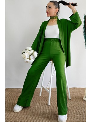 Yakamel Kadın Dökümlü Bürümcük Yazlık Uzun Kol Palazzo Trend Kimono Alt Üst  Takım