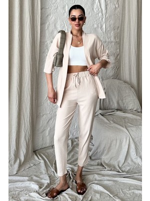 Yakamel Kadın Dökümlü Bürümcük Düz Paça Yazlık Palazzo Trend Kimono Alt Üst Takım