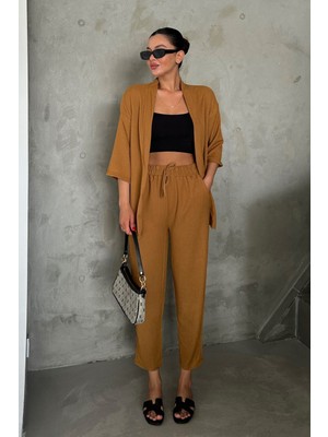 Yakamel Kadın Dökümlü Bürümcük Düz Paça Yazlık Palazzo Trend Kimono Alt Üst Takım