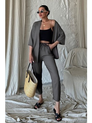 Yakamel Kadın Dökümlü Bürümcük Düz Paça Yazlık Palazzo Trend Kimono Alt Üst Takım