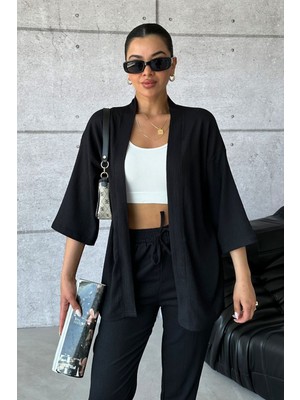 Yakamel Kadın Dökümlü Bürümcük Düz Paça Yazlık Palazzo Trend Kimono Alt Üst Takım