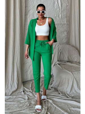 Yakamel Kadın Dökümlü Bürümcük Düz Paça Yazlık Palazzo Trend Kimono Alt Üst Takım