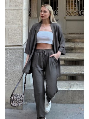 Yakamel Kadın Dökümlü Bürümcük Düz Paça Yazlık Palazzo Trend Kimono Alt Üst Takım