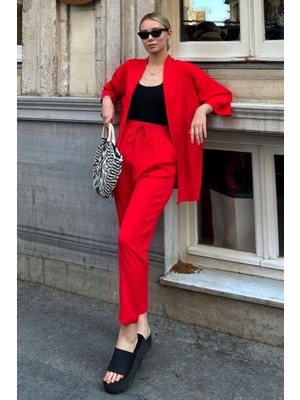 Yakamel Kadın Dökümlü Bürümcük Düz Paça Yazlık Palazzo Trend Kimono Alt Üst Takım