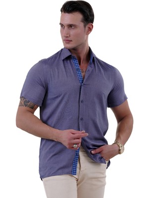 Exve Exclusive Lacivert Yıkamalı Kot Görünümlü 100% Pamuk Yazlık Slim Fit Kısa Kollu Gömlek