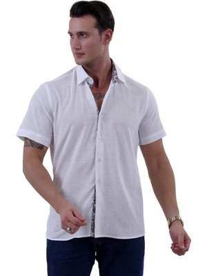 Exve Exclusive Beyaz Flamlı Keten Siyah Şal Desen Yaka ve Garni Detaylı Slim Fit Kısa Kollu Gömlek