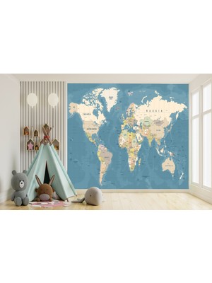 Umut Gergi Tavan Mavi Dünya Haritası Temalı Tek Parça Duvar Kağıdı