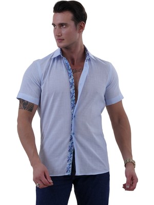 Exve Exclusive Mavi Flamlı Keten Yaka ve Göğüs Pat Baskı Detaylı Slim Fit Kısa Kollu Yazlık Gömlek