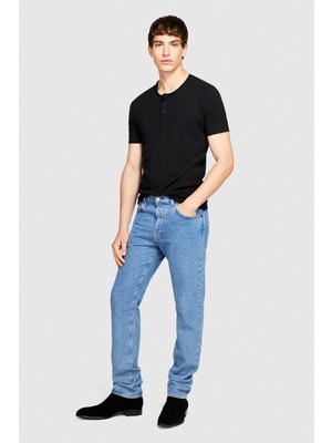 Sisley %100 Koton Slim Fit Düğme Detayli Slub T-Shirt Erkek Siyah T-Shirt - 323A3YR7S1009