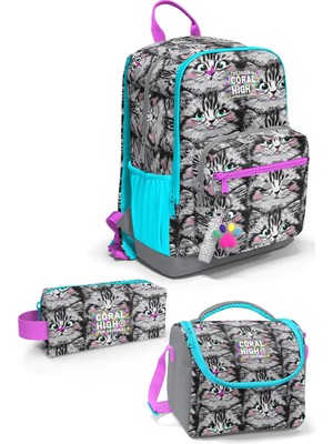 Coral High Gri Kedi Desenli 3’lü Okul Çanta Seti SET0123638
