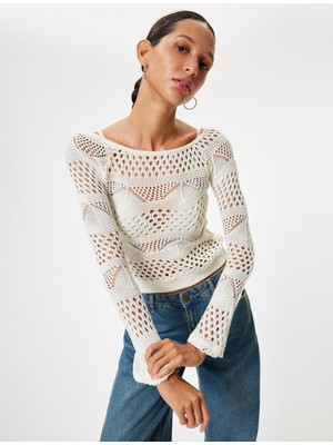 Koton Kroşe Tişört Uzun Kollu Kayık Yaka Viskon Karışımlı