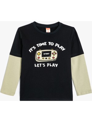 Koton Tişört Uzun Kollu Oyun Temalı Bisiklet Yaka Pamuklu