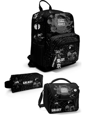 Coral High Siyah Galaxy Desenli 3'lü Okul Çanta Seti Ergonomik Kullanım 18 Litre Çocuklar İçin