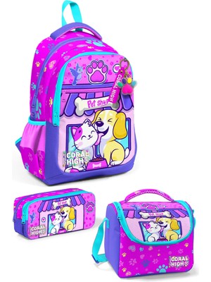 Coral High Kids Kedi Köpek Desenli 3’lü Okul Çanta Seti SET0123646