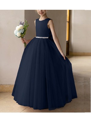 Nsm Lacivert Incili ve Saten Fiyonklu Tül Balo Elbisesi/prenses Elbise