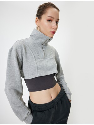 Crop Sweatshirt Oversize Yarım Fermuarlı Dik Yaka Uzun Kollu