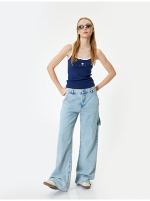 Koton Bol Paça Kot Pantolon Cep Detaylı Düğmeli Pamuklu - Loose Straight Fit Jeans