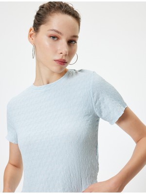 Koton Bürümcük Tişört Crop Kısa Kollu Bisiklet Yaka Slim Fit