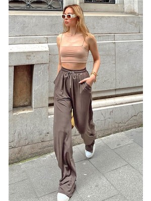 Swist Vizon Beli Lastikli Paça Yırtmaçlı Kadın Eşofman Altı