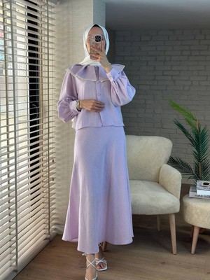 Deseo Boutique Kadın Lila Renk Fisto Detaylı Kibar Alt Üst - Gömlek Etek Ikili Takım