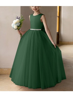 Nsm Zümrüt Yeşil Incili ve Saten Fiyonklu Tül Balo Elbisesi/prenses Elbise