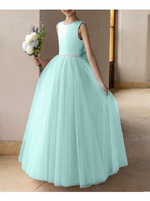 Nsm Mint Yeşili Incili ve Saten Fiyonklu Tül Balo Elbisesi/prenses Elbise