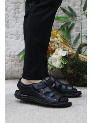 Mehmet Mete 106 Siyah Kale Comfort  Deri Erkek Sandalet