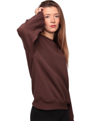 Baskılı 3 Iplik Kadın Sweatshirt 5810 | Kahve