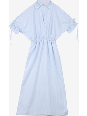 People By Fabrika Gömlek Yaka Çizgili Beyaz - Mavi Midi Kadın Elbise SPBF4SL-ELB5597