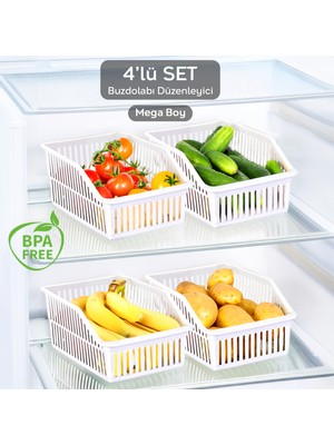 Meleni Home 4 Adet Mega Boy Buzdolabı Düzenleyici Organizer BPA Free Plastik, Büyük Boy