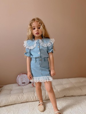 Bebelop Kız Çocuk Brode Yakalı Dantelli Kot Elbise Uzun Kol Denim