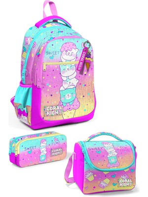 Coral High Kids Renkli Dondurmalı Kedi Desenli 3'lü Okul Çanta Seti 18,5 Litre Çocuklar İçin