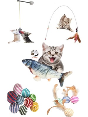 Tineke 5 Li Set 90 cm Olta Tüylü Top Vantuzlu Olta İp Sarma Top Peluş Balık Kedinizin Favorisi