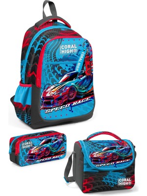 Coral High Kids Gri Mavi Yarış Arabası Desenli 3’lü Okul Çanta Seti SET0123652