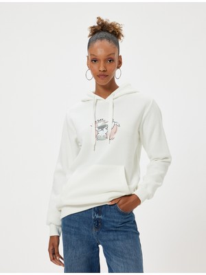 Oversize Kapüşonlu Sweatshirt Kanguru Cep Detaylı Baskılı Şardonlu