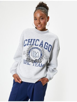 Koton Oversize Sweatshirt Kolej Baskılı Bisiklet Yaka Şardonlu
