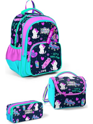 Coral High 3'lü Okul Çanta Seti Lacivert Pembe Kedili Desenli 18 Litre Kapasiteli SET0123658