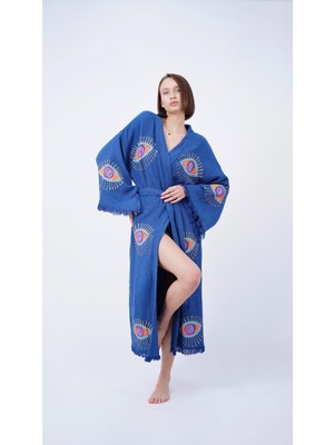 Bodho El Yapımı Lacivert Göz Baskılı Nazar Kaftan Kimono