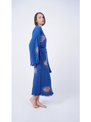 Bodho El Yapımı Lacivert Göz Baskılı Nazar Kaftan Kimono