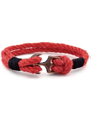 Solfera Kırmızı Halat Siyah Örgü Bakır Renk Metal Çapa Denizci Erkek Bileklik M056D