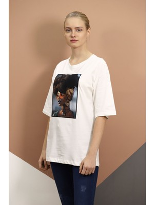 Ekru Gabria Baskılı T-Shirt