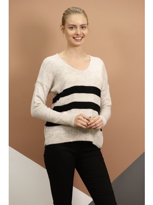 Gabria Taş-Siyah Gabria V Yaka Renk Şeritli  Triko Kazak