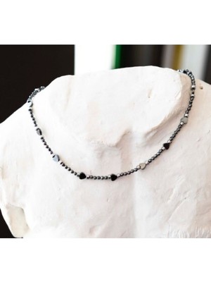 Çiçek Art Studio Kadın Kalp Hematit Doğal Taş Choker Tasarım Kolye