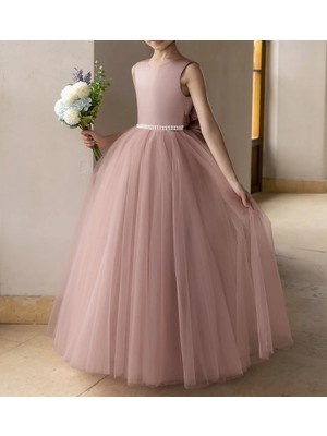 Nsm Pudra Incili ve Saten Fiyonklu Tül Balo Elbisesi/prenses Elbise