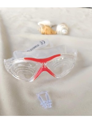Deniz Gözlüğü Silikon Burun Tıkaçlı Kutulu Sörf Yüzücü Gözlüğü Şeffaf Kırmızı