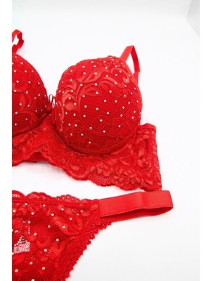 Tılsım Lingerie Tılsım Serpme Taşlı Dantelli Balenli Sütyen TAKIMI-105-KIRMIZI