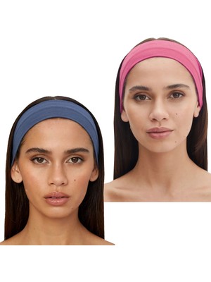 Salvia Dione 2'li Pamuklu Esnek Yoga Bandana Koşu Bandı Saç Bantları Gym Pilates Saç Bandı - Makyaj Yüz Yıkama Saç Aksesuarları - Sporcu Saç Bandı Seti Pembe & İndigo Melanj